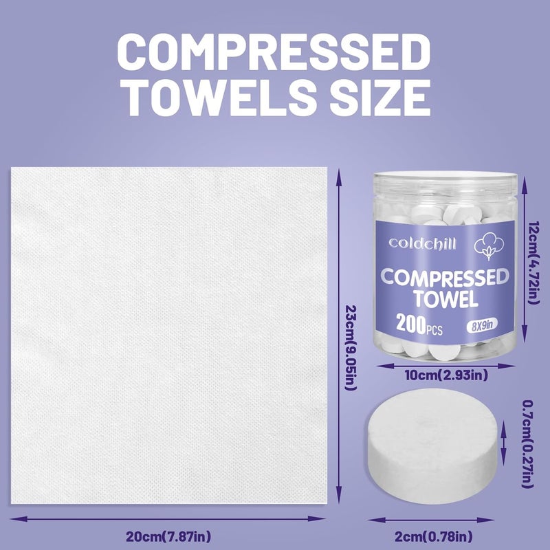 coldchill 200 Pcs Compressed Towels, Disposable Face Compressed Towels, Magic Towel, Compressed Towel for Travel, Camping, Hiking, 8"x9", White - Image 2